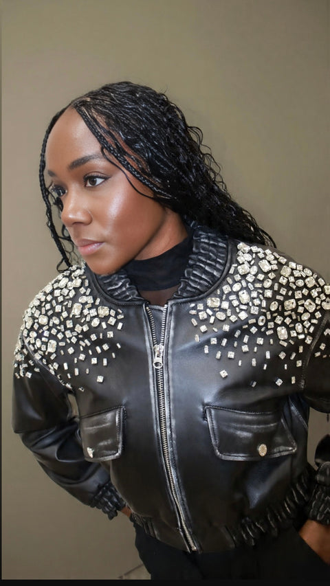 BONDIJ CRYSTAL-STUDDED DISTRESSED LAMB LEATHER BOMBER