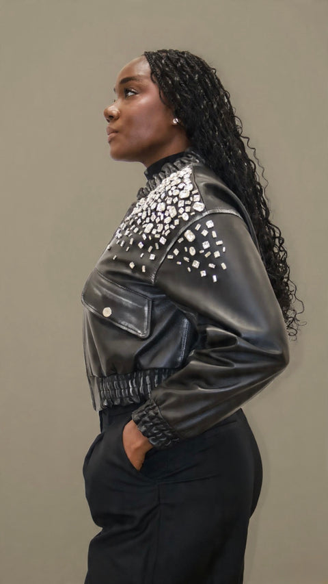 BONDIJ CRYSTAL-STUDDED DISTRESSED LAMB LEATHER BOMBER