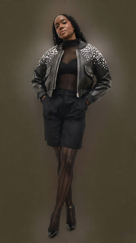 BONDIJ CRYSTAL-STUDDED DISTRESSED LAMB LEATHER BOMBER