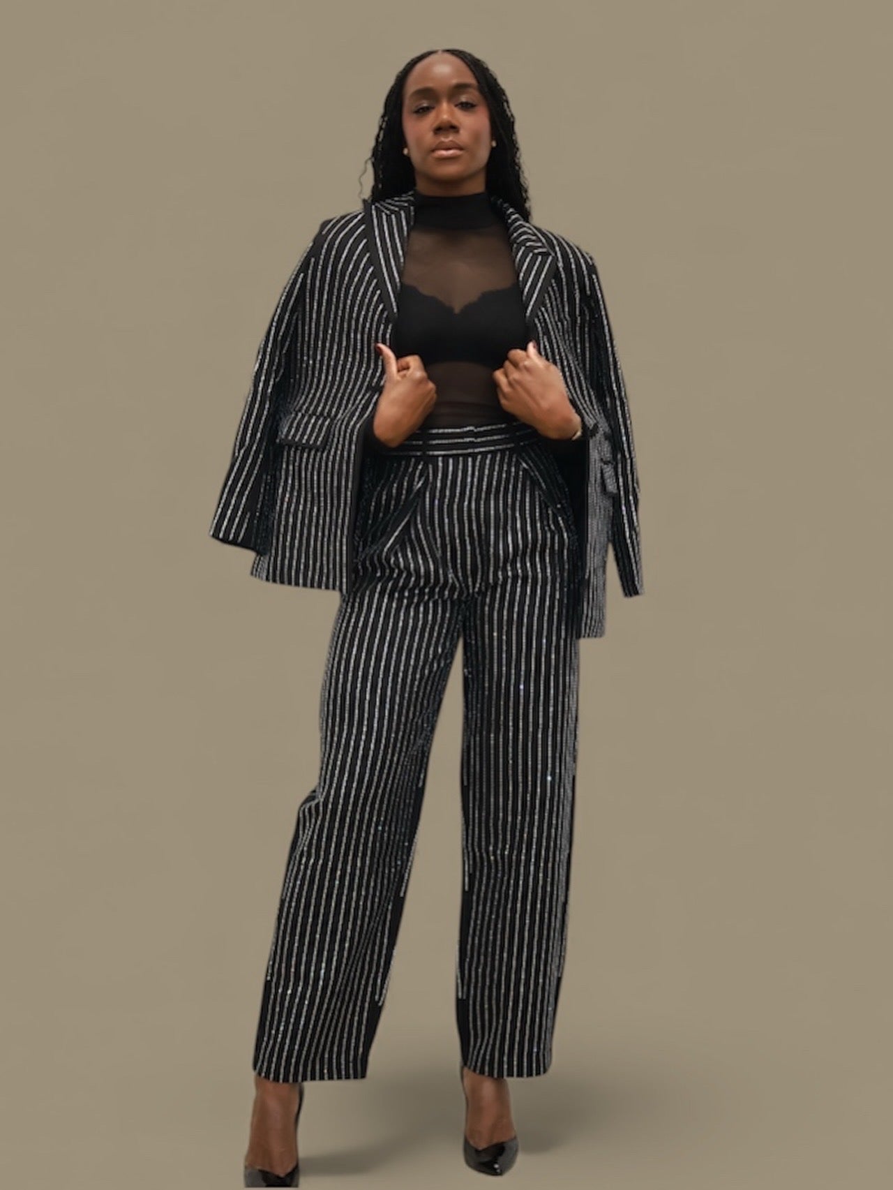 Crystal Studded Pinstripe Blazer