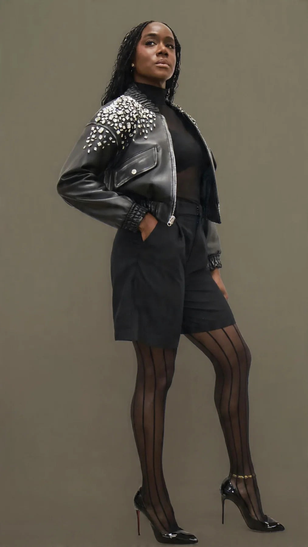 BONDIJ CRYSTAL-STUDDED DISTRESSED LAMB LEATHER BOMBER